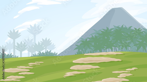 恐竜時代の植物のある風景_ジュラ紀白亜紀_背景イラスト_16:9