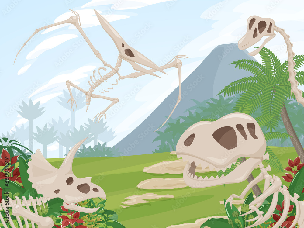 恐竜の化石と先史時代の植物の風景 ジュラ紀白亜紀 背景イラスト Stock Vector Adobe Stock