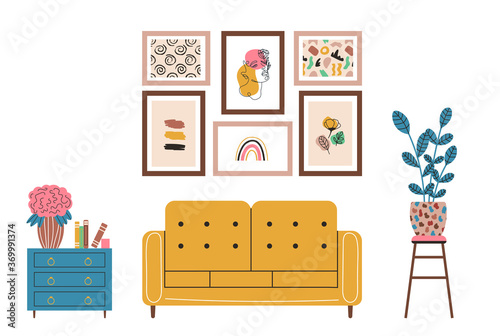 vector interior design elements. modern furniture living room. sofa, flower pot, cactus, floor and table lamp, picture on the wall. scandinavian cozy home hygge style