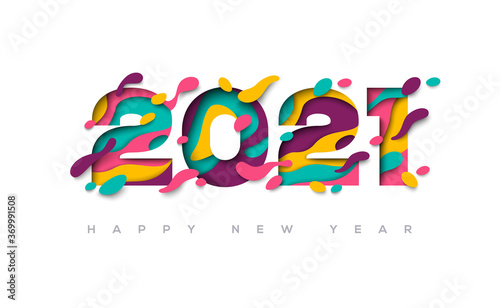 2021 Happy New Year greeting card with 3d abstract paper cut shapes on white background. Vector illustration.