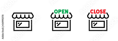 Set of stylized store buildings with and without signs icons. Editable line vector.