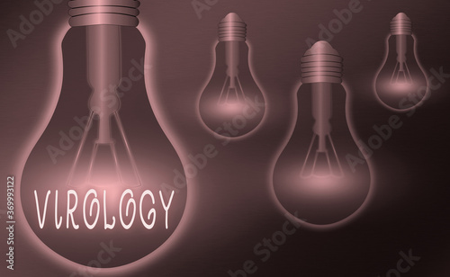 Writing note showing Virology. Business concept for branch of science dealing with the variety of viral agents and disease Realistic colored vintage light bulbs, idea sign solution photo