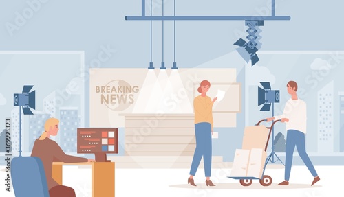 Shooting of daily breaking news vector flat illustration. Announcer or speaker reading breaking news, operator preparing camera and editor looking news in internet and writing program schedule.