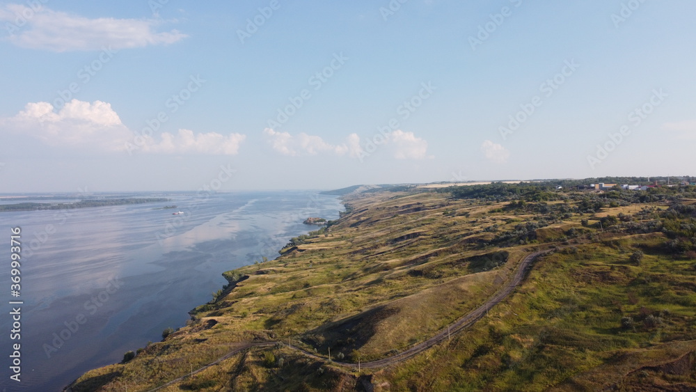 panoramic view of the Volga river and the mountain and the road view from the copter