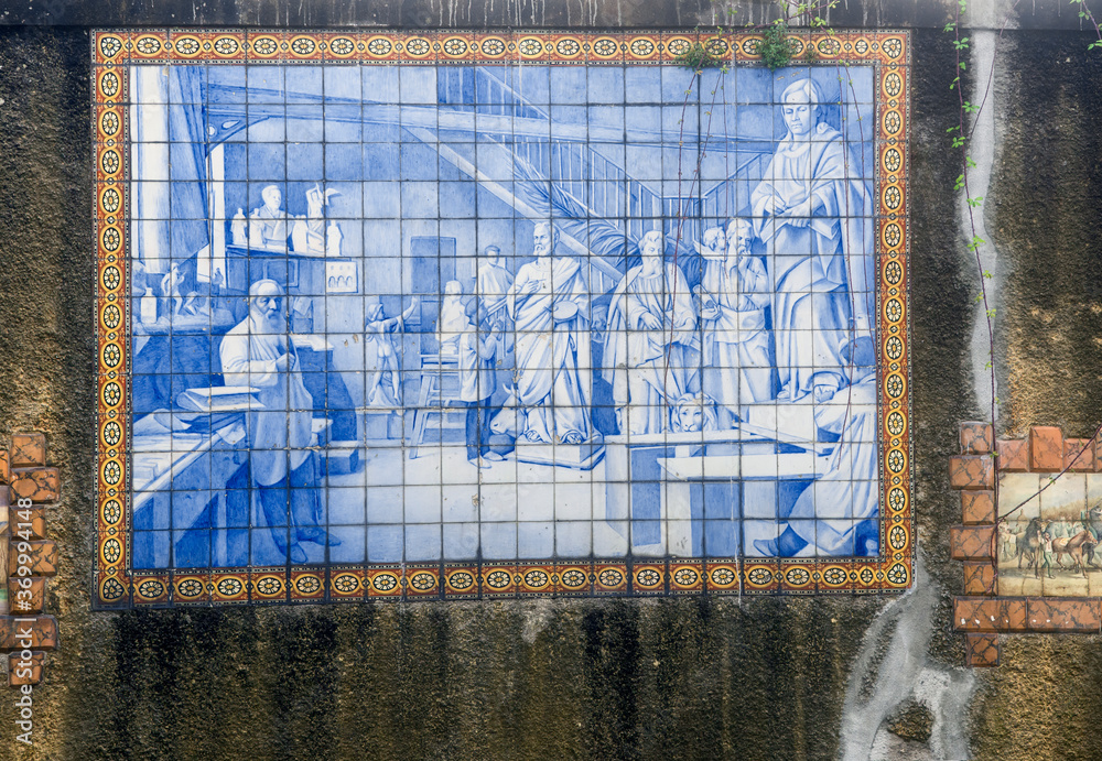 Fototapeta premium Azulejos panels of a Ceramics Factory in ruins in Vila Nova de Gaia in Portugal