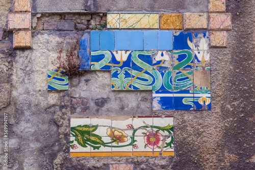 detail of the ruined facade of a Ceramics Factory in Vila Nova de Gaia in Portugal