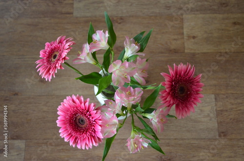 Beautiful bouquet with gerberas. Fresh large pink flowers