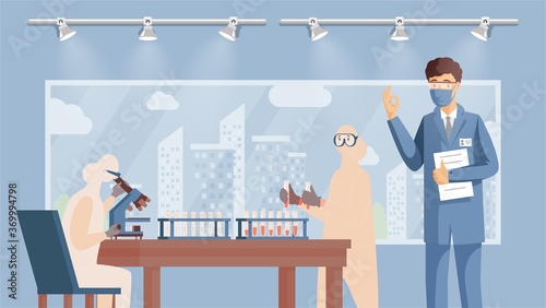 Medical researchers, developing vaccine against coronavirus vector flat illustration. Scientists, doctors in protective suits invent medication, making analysis. Laboratory tests for virus treatments.