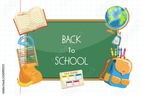 Back to School cartoon green chalkboard background, vector illustration photo