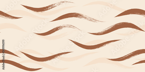 Seamless Wave Pattern, Hand drawn autumn sea modern vector background. Wavy beach brush stroke, curly grunge paint lines, fall watercolor illustration