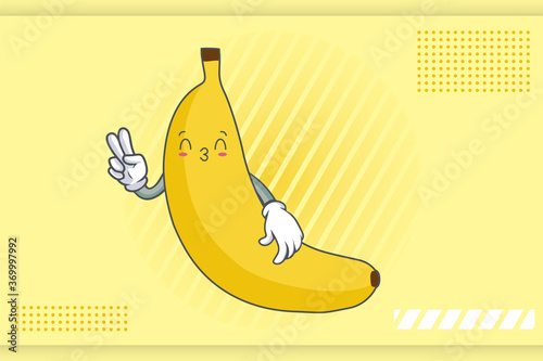 KISS, FLIRTY, SMILING EYE Face Emotion. Peace Hand Gesture. Banana Fruit Cartoon Drawing Mascot Illustration.