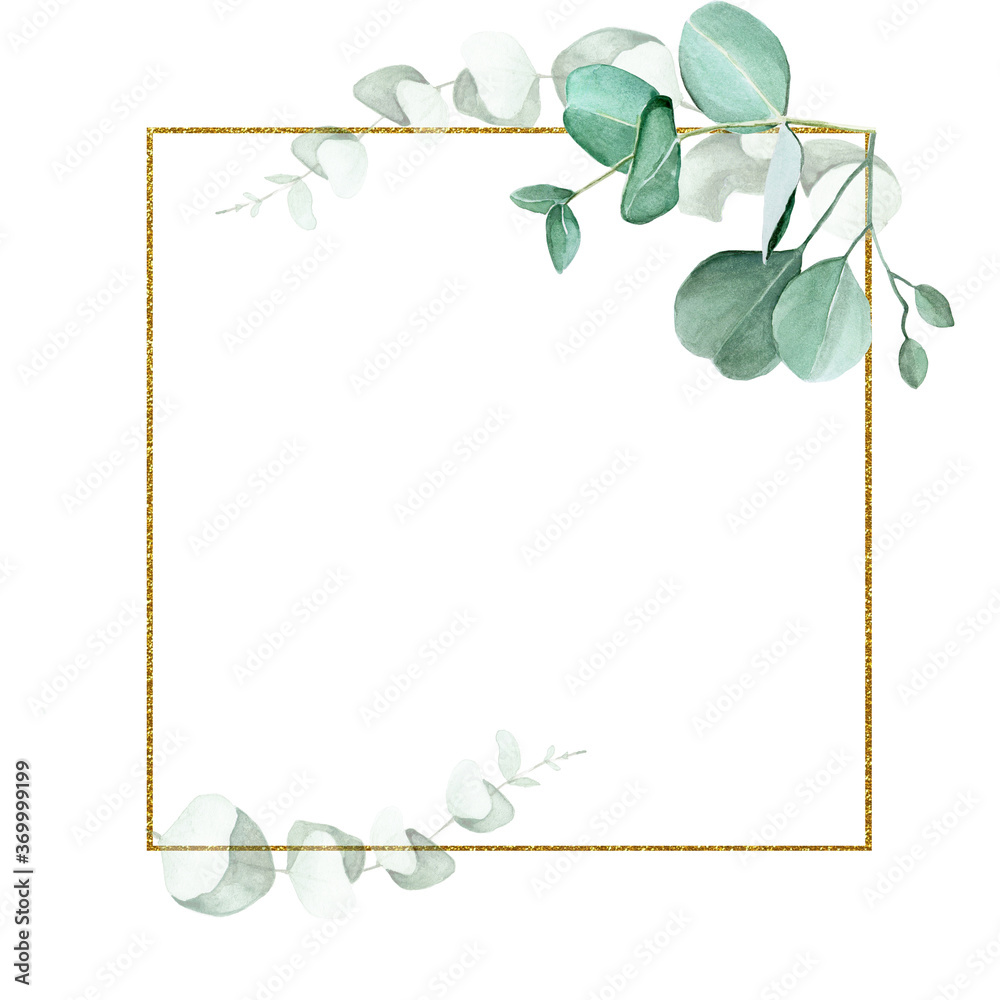 golden square frame with watercolor eucalyptus leaves isolated on white ...