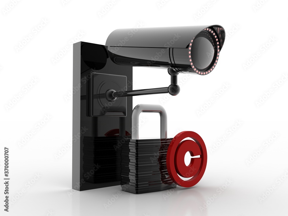 Fototapeta premium 3d illustration copyright symbol concept with lock protection cctv camera