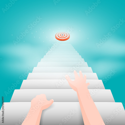 The person's hands crawl up the stairs leading to the goal. The concept of the path to success, business growth, new creative ideas. Vector illustration.
