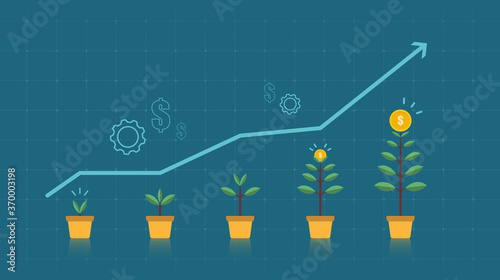 Financial concept of plant growing in pot and moving up business graph arrow background in flat icon design