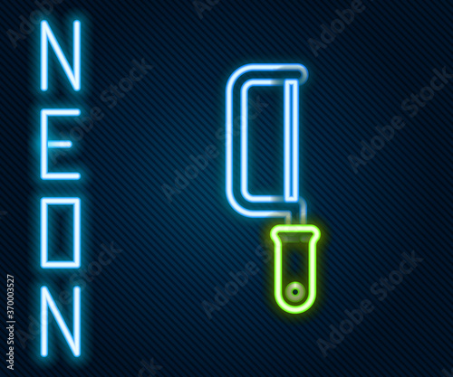 Glowing neon line Hacksaw icon isolated on black background. Metal saw for wood and metal. Colorful outline concept. Vector Illustration.