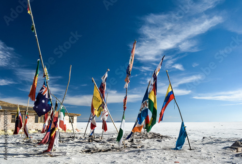 "Plaza de las Banderas", in front of the salt hotel, in the Salar de Uyuni, Bolivia.