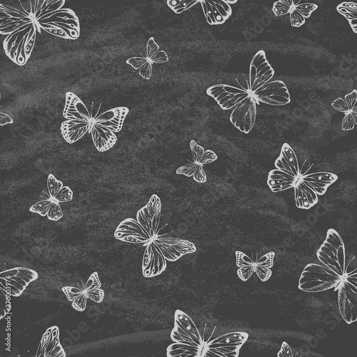 Canvas Print Set of hand drawn butterflies on the blackboard