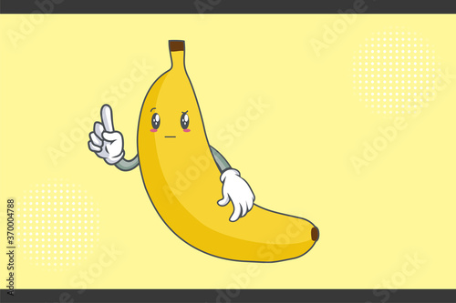 REALLY, ATTENTIVE, Curios Face Emotion. Forefinger Hand Gesture. Banana Fruit Cartoon Drawing Mascot Illustration.