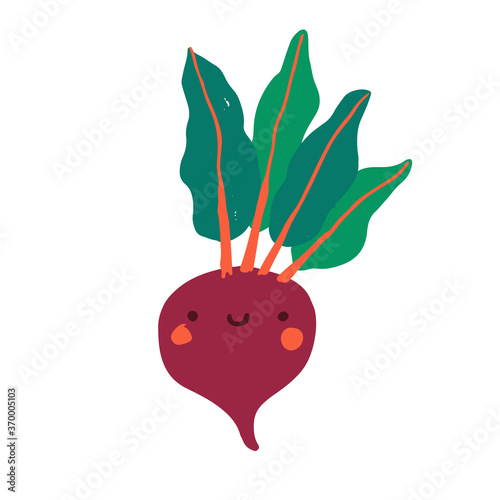 Cute flat single vegetable. Cartoon smiley beets. Healthy food. Vector hand drawn illustration on white background