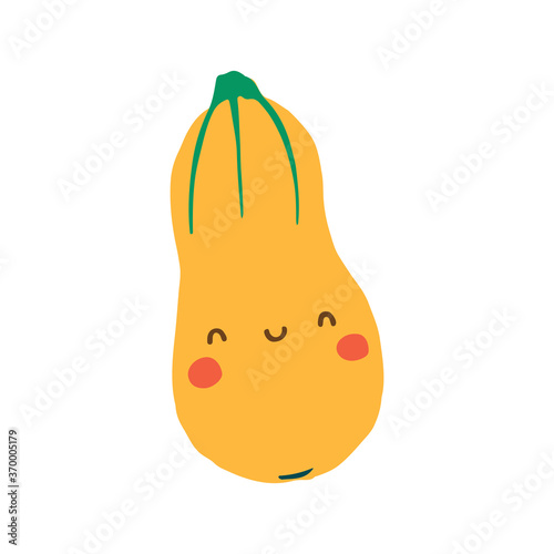 Cute flat single vegetable. Cartoon smiley butternut squash. Healthy food. Vector hand drawn illustration on white background