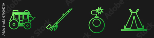 Set line Bomb ready to explode, Western stagecoach, Native American indian smoking pipe and Indian teepee or wigwam. Gradient color icons. Vector.