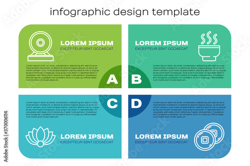 Set line Lotus flower, Gong, Chinese Yuan currency and Chinese tea ceremony. Business infographic template. Vector.