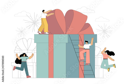 Reward concept, receiving a gift. Group of happy people with a gift box. For websites, sweepstakes, discounts, coupons, homepages. Vector illustration isolated on white background.