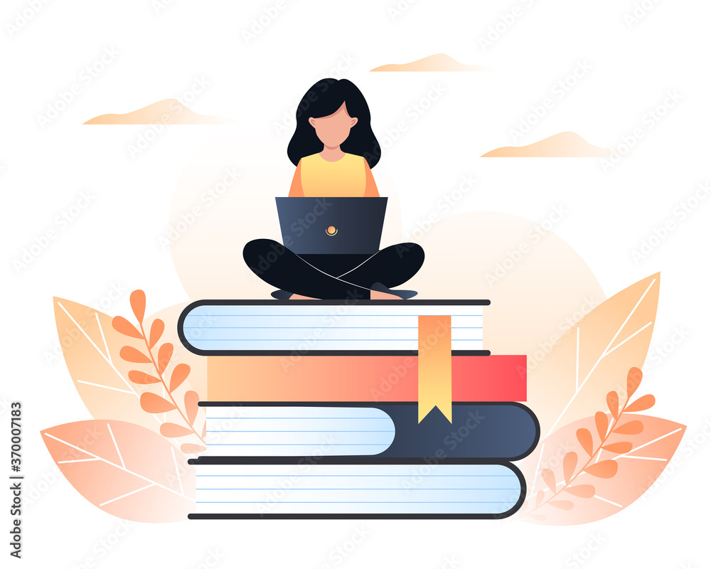 Girl sitting with laptop on books, online education concept. Vector illustration in cartoon style for web design Girl sitting with laptop on books, online education concept. Vector illustration in cartoon style for web design