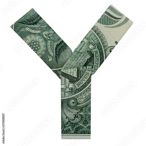 Money Origami LETTER Y Character Folded with Real One Dollar Bill Isolated on White Background photo