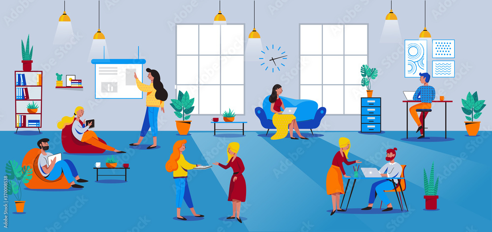 Fototapeta premium location two with People working in open space workplace. Coworking, freelance, teamwork, interaction, idea, independent activity concept. Vector illustration on blue background
