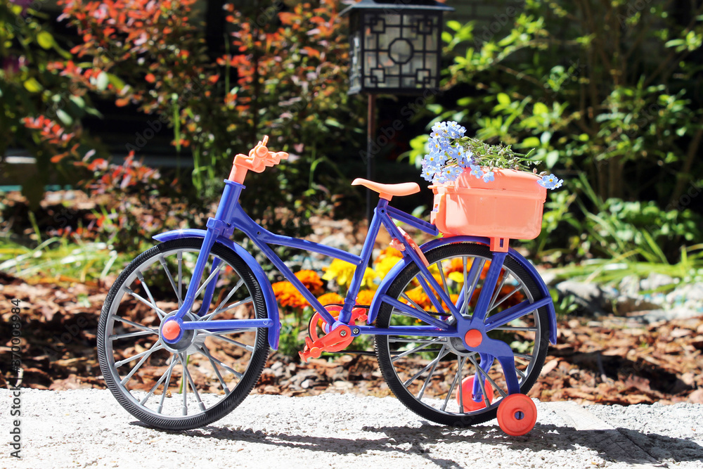 toy bike near a flower bed