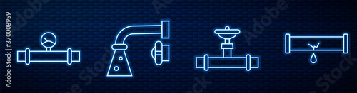 Set line Industry pipe and valve, Industry pipe and manometer, Water tap and Broken pipe with leaking water. Glowing neon icon on brick wall. Vector.