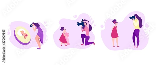 Mothers take pictures of children. A set of women who shoot at the camera of how their growing up daughters: a baby, a girl with a teddy bear and a teenager, photo. Vector, flat minimal, isolated