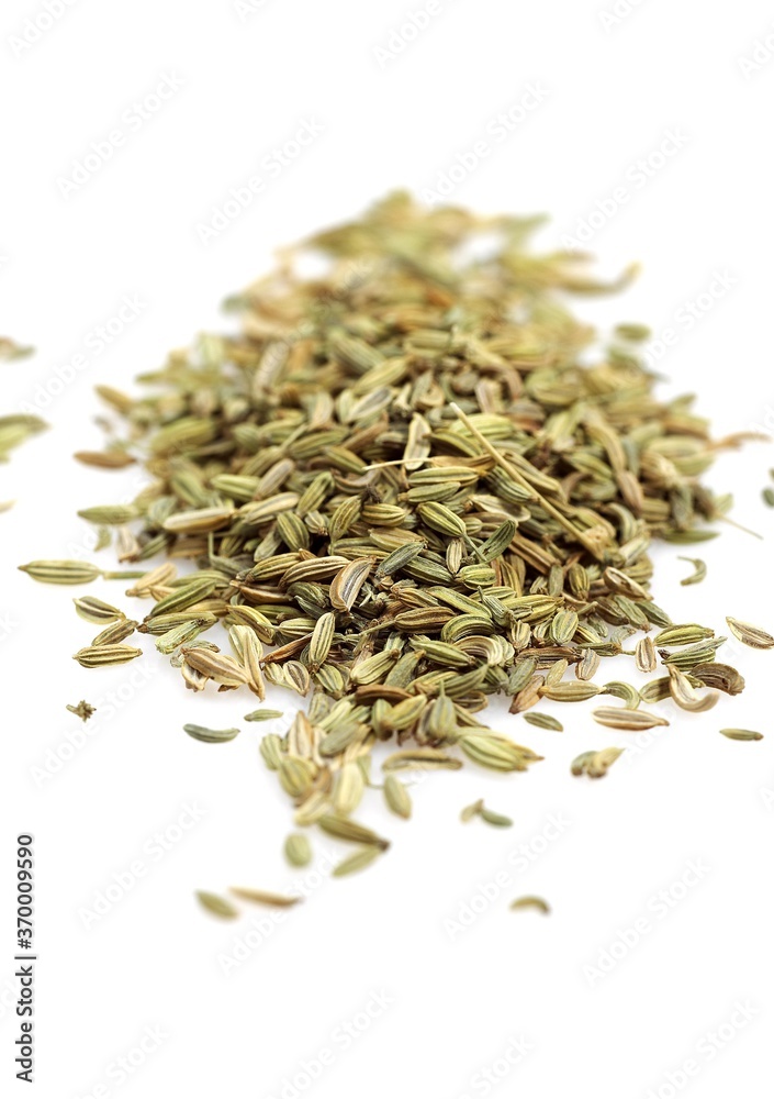 FENNEL SEEDS foeniculum vulgare AGAINST WHITE BACKGROUND FENNEL SEEDS foeniculum vulgare AGAINST WHITE BACKGROUND