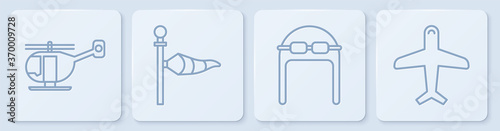 Set line Helicopter, Aviator hat with goggles, Cone meteorology windsock wind vane and Plane. White square button. Vector.