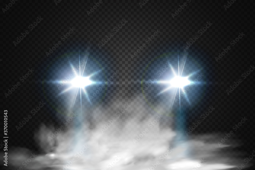 Front glowing beams of the motorcycle or car.Realistic blue rays round transport headlights in smoke,  fog or dust.I.Isolated on black background.