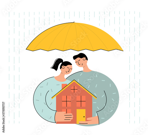 Insurance umbrella secure family and the house from risks. Mortgage insuranse concept illustration. photo