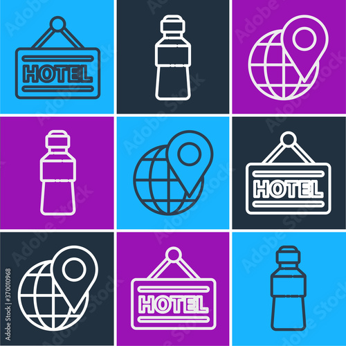 Set line Signboard with text Hotel, Location on the globe and Bottle of water icon. Vector.