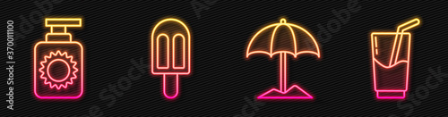 Set line Sun protective umbrella for beach, Sunscreen spray bottle, Ice cream and Cocktail and alcohol drink. Glowing neon icon. Vector.