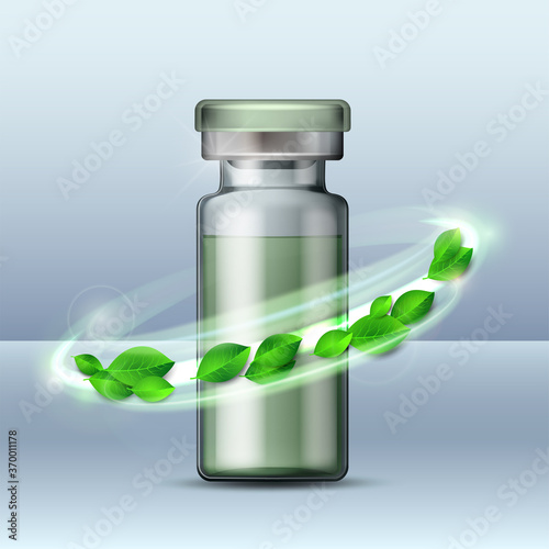 Whirlwind of green leaves swirls around Transparent glass ampule with vaccine or drug for medical treatment.