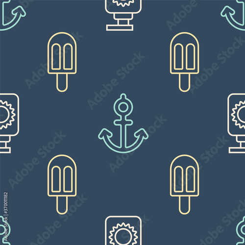 Set line Sunscreen spray bottle, Ice cream and Anchor on seamless pattern. Vector.