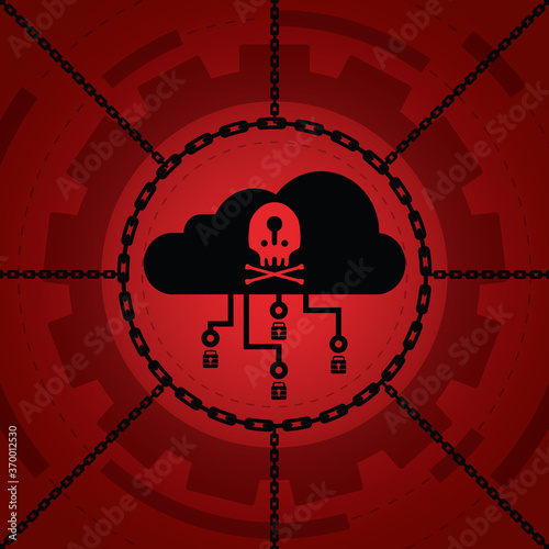 Cyber attack malware wannacry or maze ransowmare virus encrypted files and lock on cloud computer concept. Hacker is offering key to unlock data for money. Vector illustration of security technology