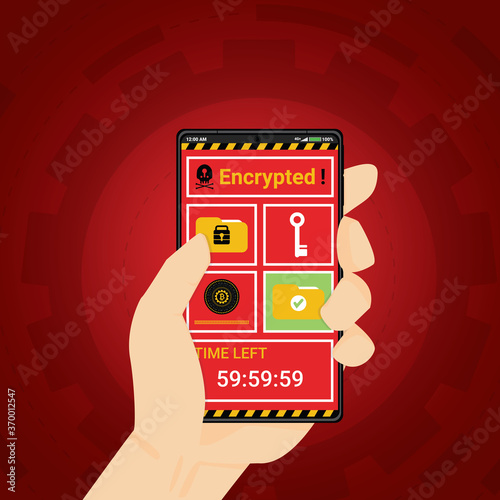 Cell phone infected by malware ransomware wannacry or maze virus. Cyber attack concept. Hacker encrypted mobile folders, files and threatening Bitcoin money payment to unlock. Vector illustration