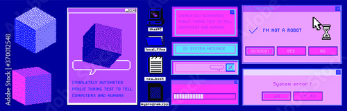 Old user interface windows, retro message box with buttons. Vaporwave and retrowave style elements.