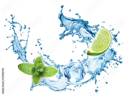Blue water splash with lime and mint isolated on white background. 3d