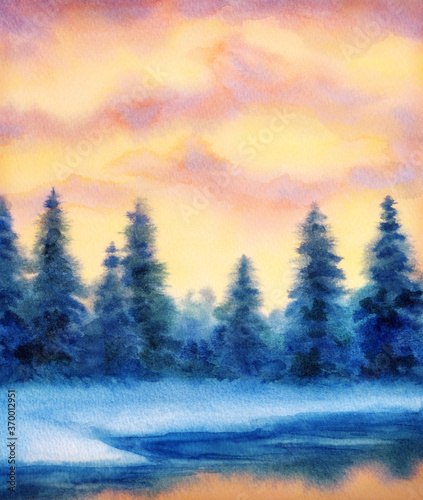 Watercolor landscape. Winter forest © Marina