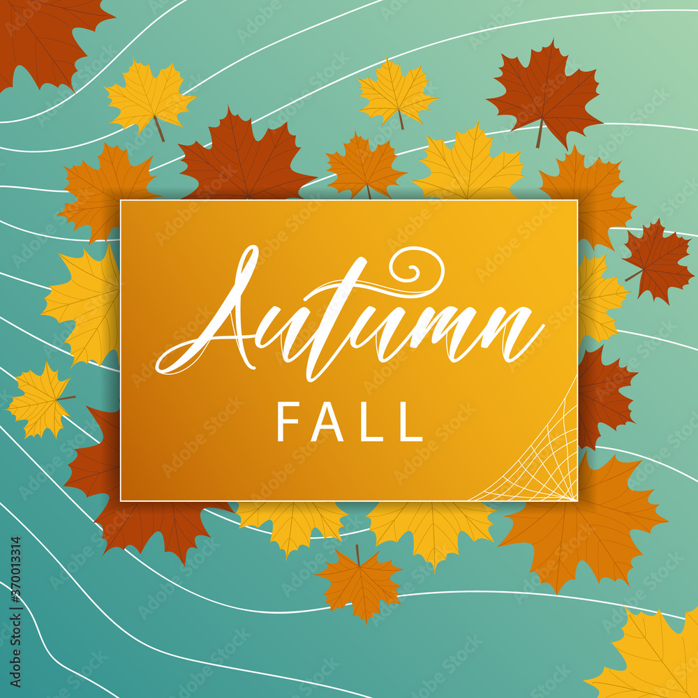 Abstract autumn sale background with falling leaves for special offer or promotion discount poster with frame for text and logo. Promo banner with pattern in autumn colors theme. Vector illustration. - obrazy, fototapety, plakaty 