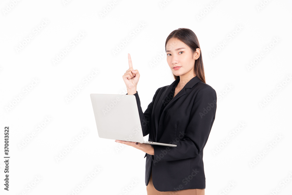 Asian business woman standing use laptop work flow isolate on white background.. Asian business woman standing use laptop work flow isolate on white background..