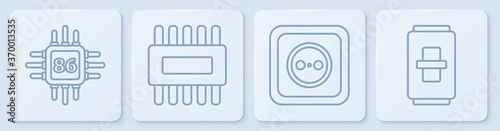 Set line Processor with microcircuits CPU, Electrical outlet, Processor with microcircuits CPU and Electric light switch. White square button. Vector.